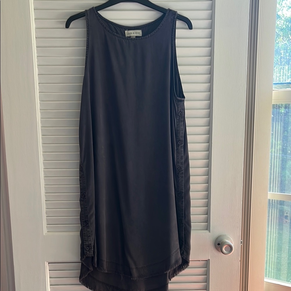 Gray Asymmetrical Sheath Dress Sleeveless Crew Neck. Cute button accents on side